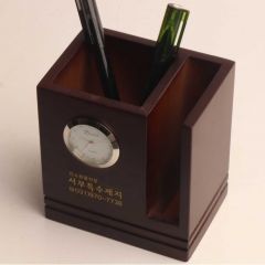 实木简约带钟笔筒创意时尚桌面商务办公文具收纳盒logo